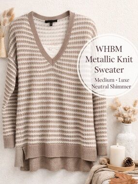 WHBM White House Black Market Metallic Open Knit V-Neck Sweater Medium